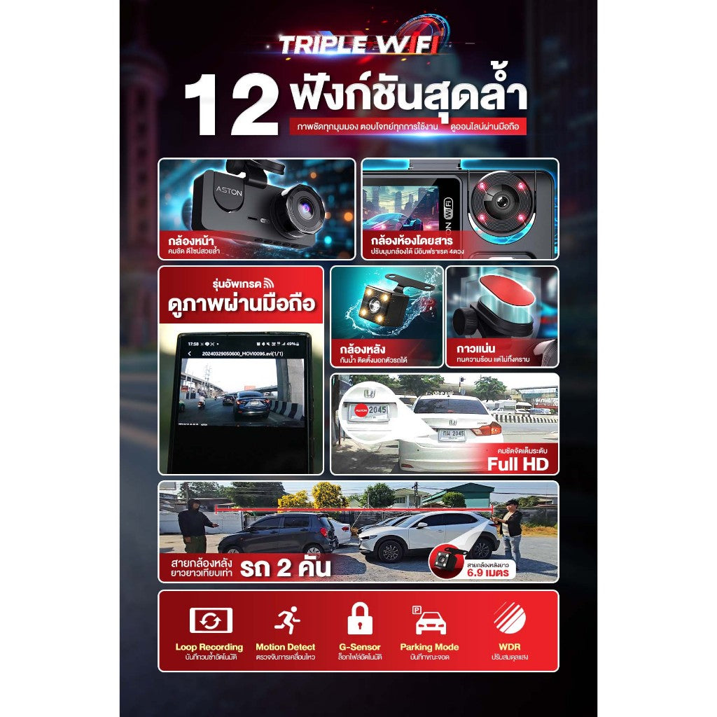 กล้องติดรถยนต์ 3 กล้อง Aston Triple Wifi 2K