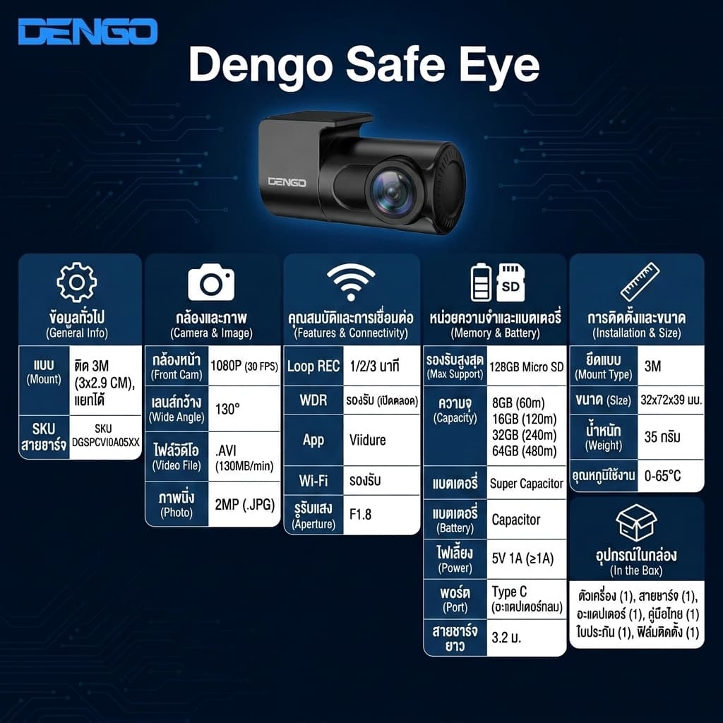 กล้องติดรถยนต์ Dengo Safe Eye (เฉพาะกล้องหน้า)